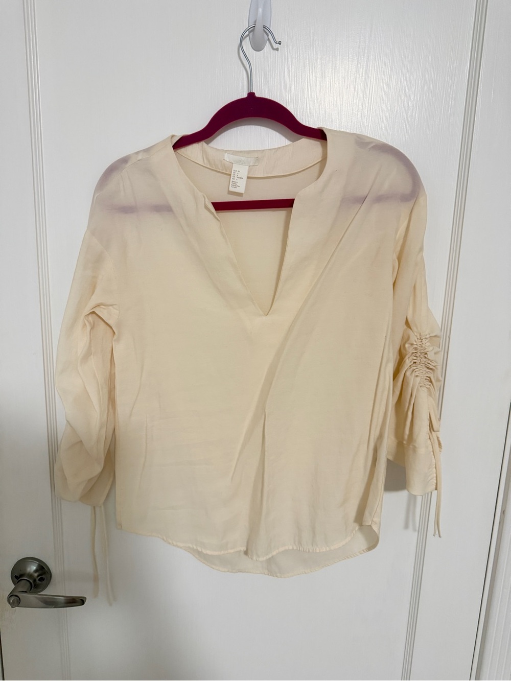 H&M Cream V-Neck Blouse with Ruched Sleeves